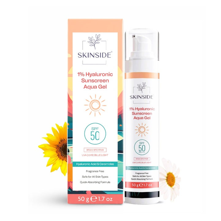SkinSide 1% Hyaluronic In Vivo Tested Sunscreen Aqua Gel Ultra Light SPF 50 PA++++ | UVA UVB & Blue Light Protection | Zero White Cast | For All Skin Types | For Men & Women (50g)