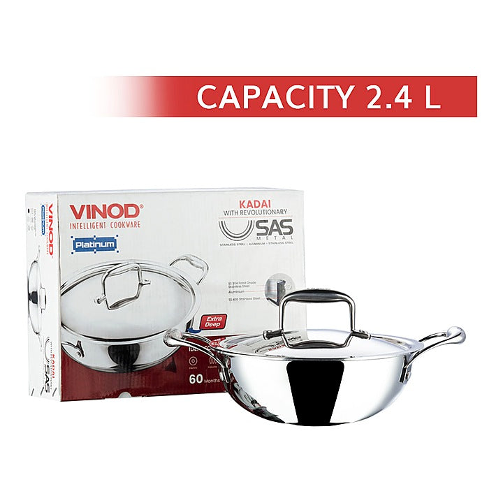 Vinod Platinum Stainless Steel Triply Kadai With Lid (22 cm) - 2.4 L : 1 Unit