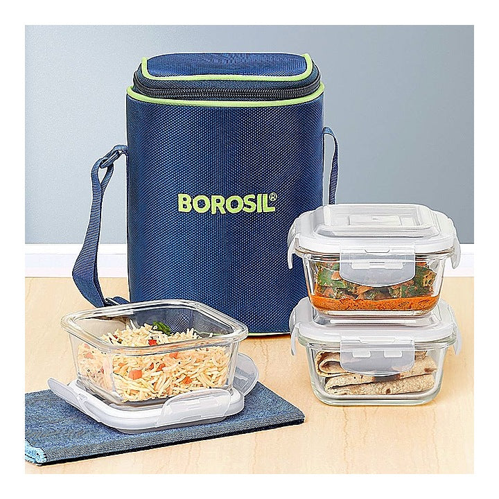 Borosil Klip- N- Store Square Glass Lunch Box - 3 Units  : 320 ml