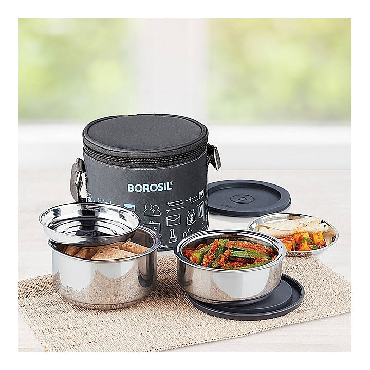 Borosil Carry Fresh Stainless Steel Lunch Box Set - 2 Containers : 1 Unit