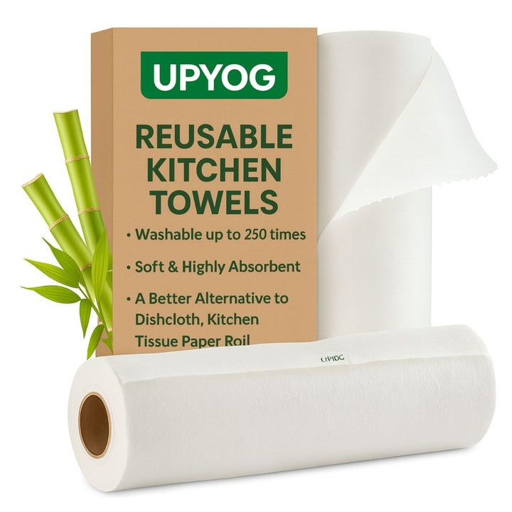 UPYOG Reusable Kitchen Towel Roll 25 Washable Bamboo Fiber Sheets 2500 Times Reusable, Soft & Super Absorbent Eco-Friendly Alternative to Paper Towels Multipurpose Cleaning Cloth for Home & Kitchen