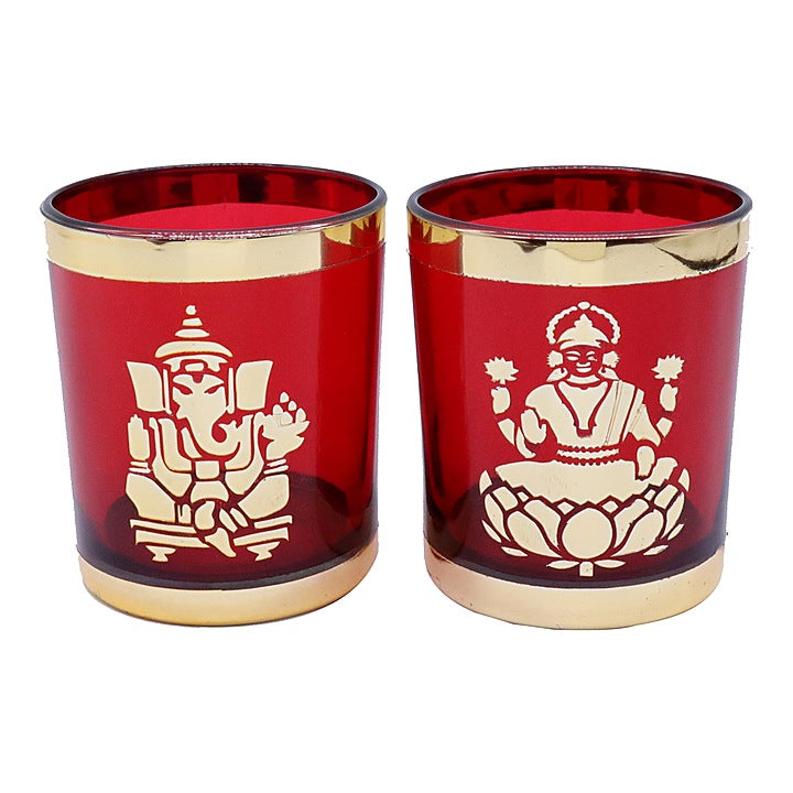 Laxmi & Ganesh Ji Glass Tea Light Candle Holder : Pack of 2