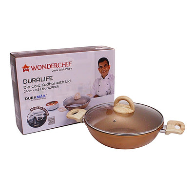 Wonderchef Duralife Die-cast Non-Stick Kadhai With Lid - Copper : 24 cm