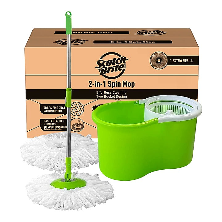 Scotch Brite 2 in 1 Bucket and Spin Mop With Free Refill - Green : 1 Unit
