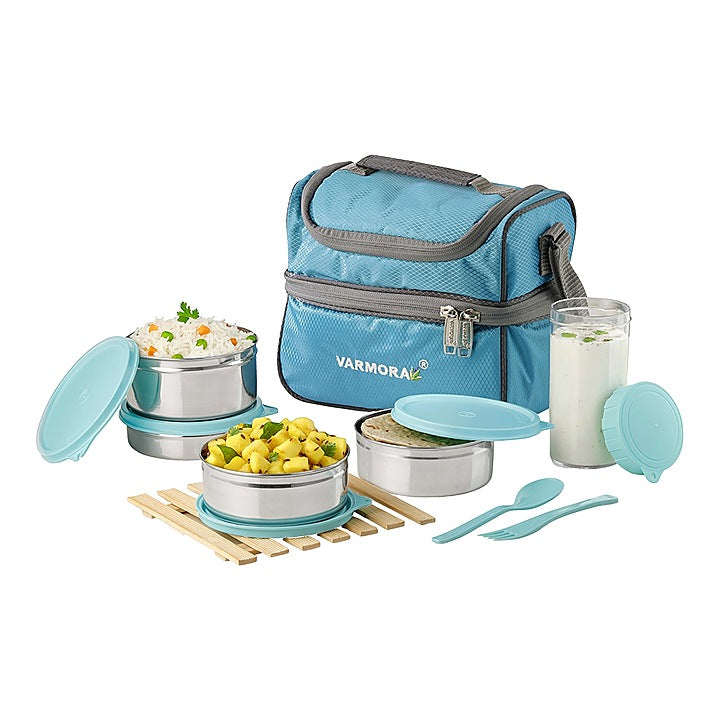 Varmora Stainless Steel Classic Lunch Box Cyan Blue - 4 Container : 1 Unit