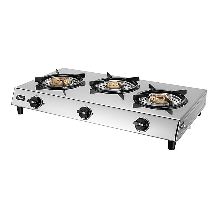 Glen Stainless Steel LPG Stove 1036  HF Brass Burner - Silver : 3 Burner