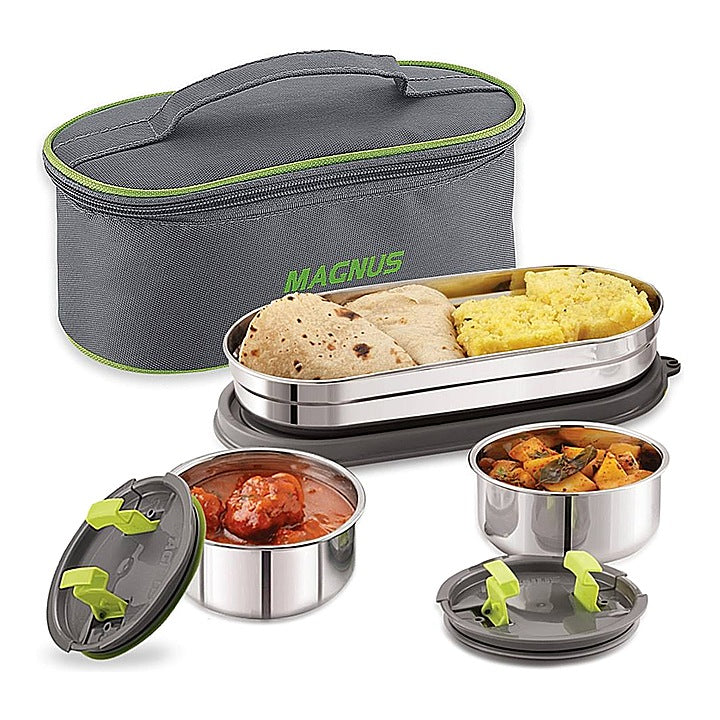 Magnus Olive 3 Prime Stainless Steel Lunch Box Green - 3 Container : 1 Unit