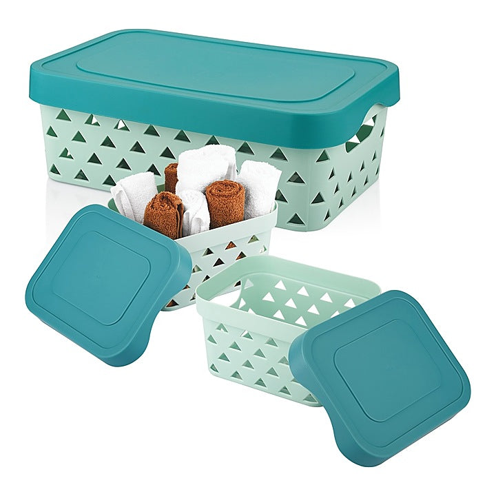Asian Multi Star Rectangular Basket With Lid (Pastel Blue) 3 Piece : 1 U