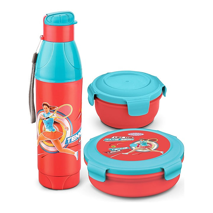 Asian Little Champions Set Lunch Box & Bottle (Saffron Red & Blue) - Set of 3 : 1 Unit