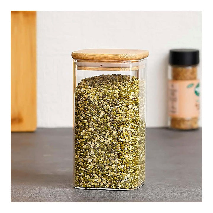 Femora Glassware Square Storage Jar With Wooden Lid : 700 ml