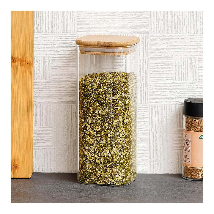 Femora Glassware Square Storage Jar With Wooden Lid - 1 L : 1 U