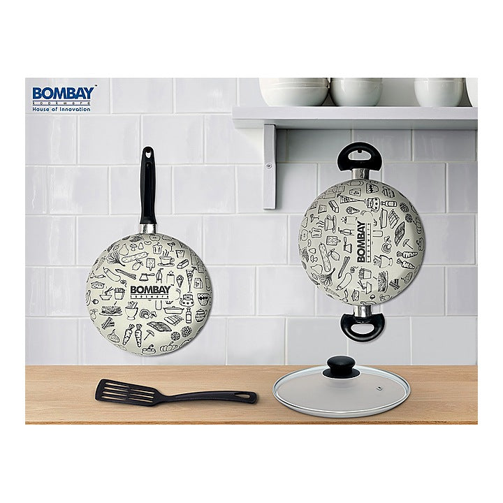 Bombay Kookware Non-Stick Kala Kruti Fry Pan and Kadai Ivory - 4 Pieces : 1 Unit