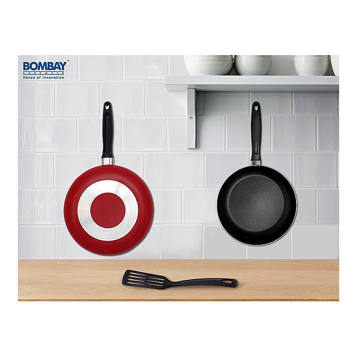 Bombay Kookware Non-Stick 2 Fry Pan Set & Spoon (Cherry Red) - 3 Pieces : 1 Unit