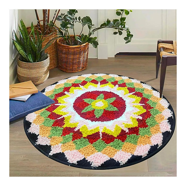 Roseate Rangoli Microfibre Round Floor Mat (02) : 60x60 cm
