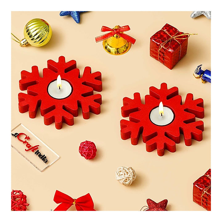 Ecraftindia Wooden Christmas Snowflake Decorative Tea Light Candle Holders (Red) - 2 Pieces : 1 Unit