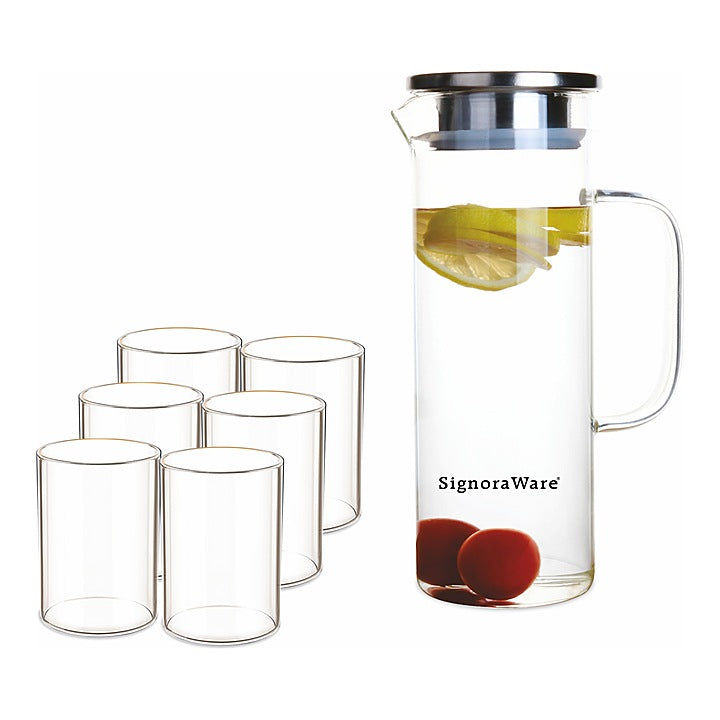 Signoraware Vogue Lemon Set (1 Jug With Steel Lid + 6 Pieces Glasses) : 1 Unit