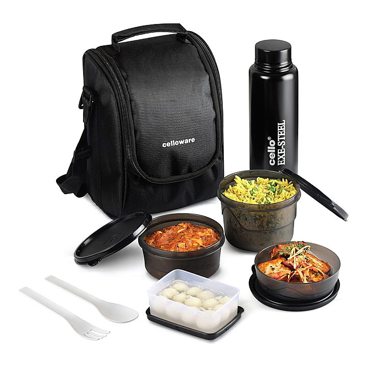 Cello MF All In One Lunch Box With Lunch Bag & Bottle (Black) - Set Of 5: 1 Unit
