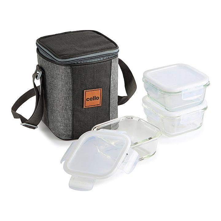 Cello Glassy Square Three Lunch Box With Lunch Bag - 320 ml : 1 Unit