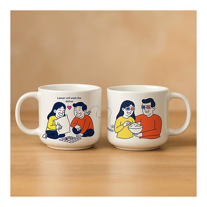 Fermora Ceramic Couple Mug (D1) - 350 ml (Off White) Set of 2 : 1 Unit
