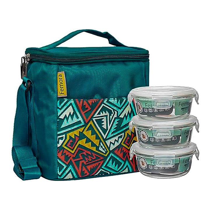 Femora Glass Round Three Containers With Lunch Bag - Blue : 1 Unit