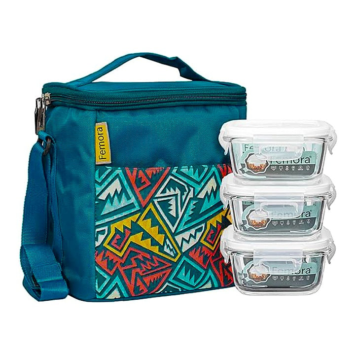 Femora Glass Square Three Containers With Lunch Bag - Blue : 1 Unit