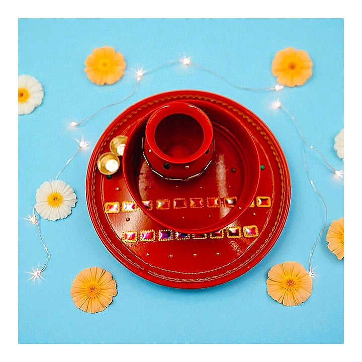 House Of Festivals Red & Beautiful Gold Karvachauth Thali Set : 1 Unit