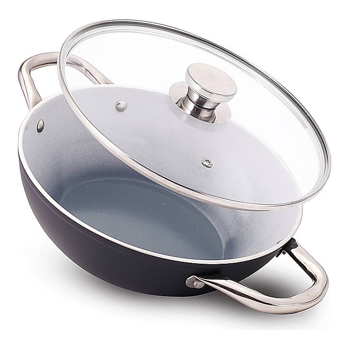 Wonderchef Eco-Glide Ceramic Coated Kadhai With Glass Lid (Grey) - 24 cm : 1 Unit