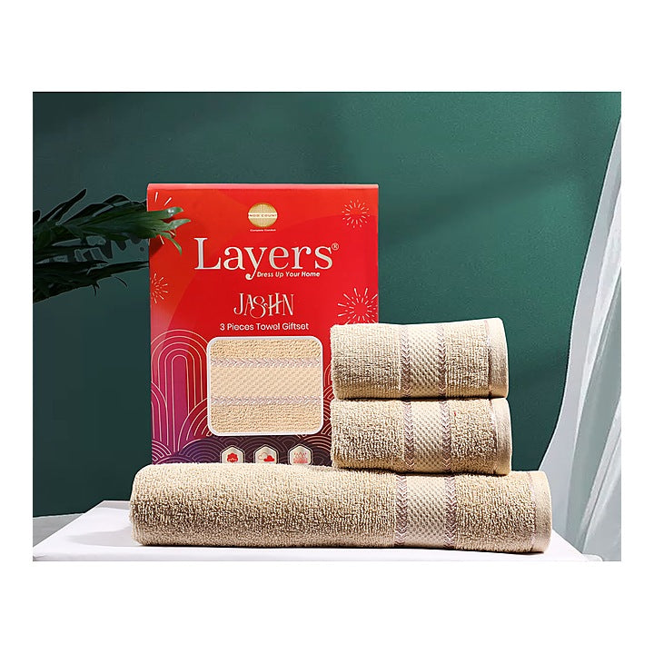 Layers Jashn 100% Cotton Towel Set 380 GSM (Cream) 1 Bath Towel + 2 Hand Towels : 1 Unit