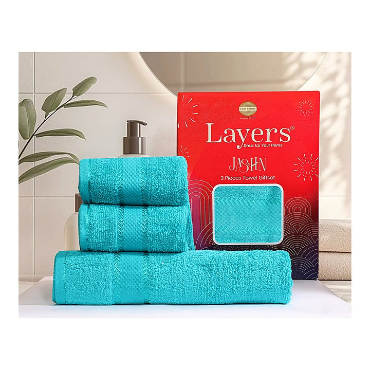 Layers Jashn 100% Cotton Towel Set 380 GSM (Turquoise) 1 Bath Towel + 2 Hand Towels : 1 Unit