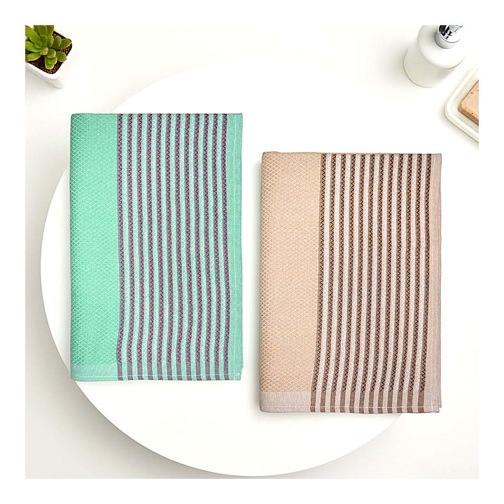 Athom Living Checks Bath Towel Biscuit & Green (75x150 cm) - Set of 2 : 1 Unit