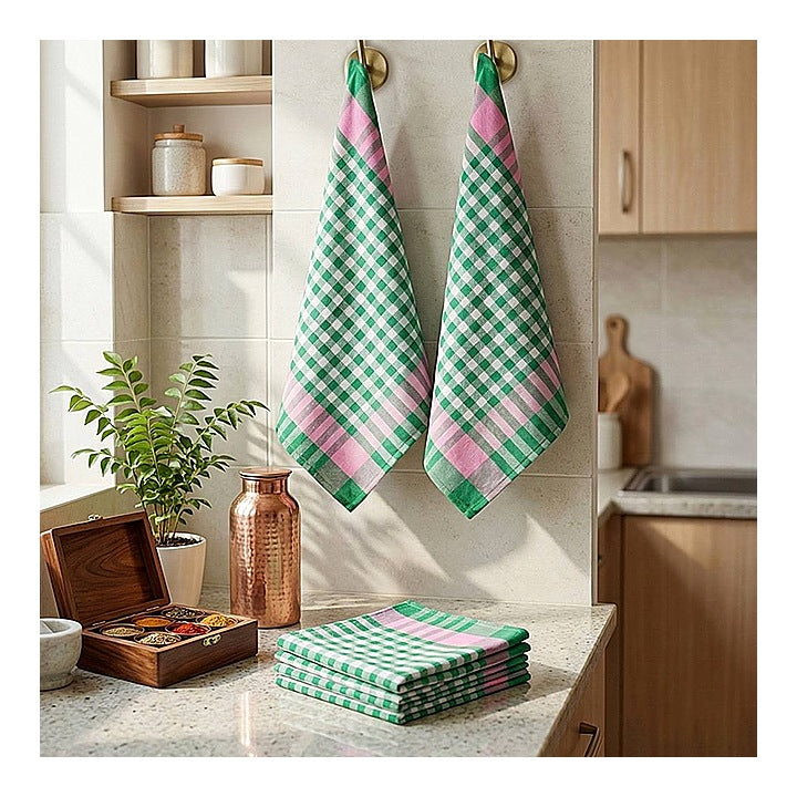 Athom Living Lyra Checks Kitchen Towel Green & Pink (45x45 cm) - Set of 6 : 1 Unit