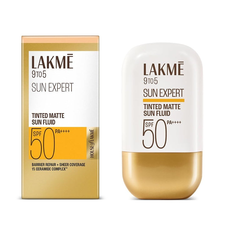 Lakme Sun Expert Tinted Dry Matte Sunscreen Fluid SPF 50+ PA++++ | 1% Ceramide Complex for Skin Barrier Repair | Sheer Coverage Foundation Like Finish – Beige (50ml)
