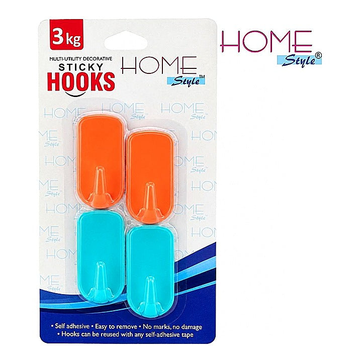 Home Style Sticky Wall Adhesive Hooks (3 kg) Multicolour - 4 Pieces : 1 Unit