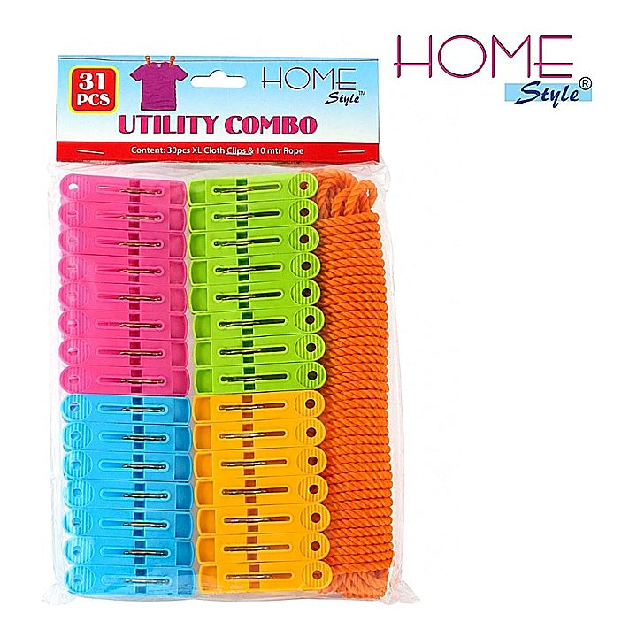 Home Style 31 Pieces Cloths Clips With 10 Meter Rope - Multicolour : 1 Unit