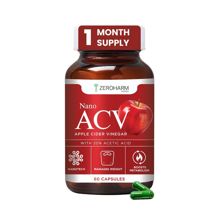 ZEROHARM Nano Apple Cider Vinegar (ACV) 500mg with 20% Acetic Acid | Supports Metabolism, Cravings & Appetite Control | Aids Gut Health, Digestion & Weight Management | Men & Women | 60 Capsules