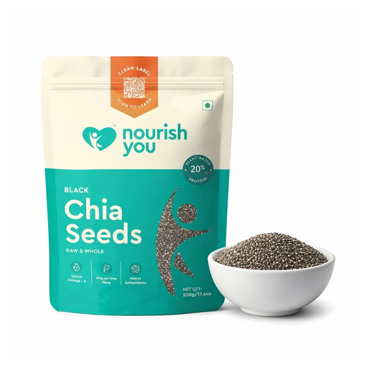 Nourish You Raw & Whole Chia Seeds 500g | Goodness of 37.5g Dietary Fibre & 20.4g Protein per 100g | Dirt & Stone free | Gluten Free | Source of Calcium, & Antioxidant , Omega 3 & Zinc | Premium superfoods | Pack of 1 | Supports Weight Management |