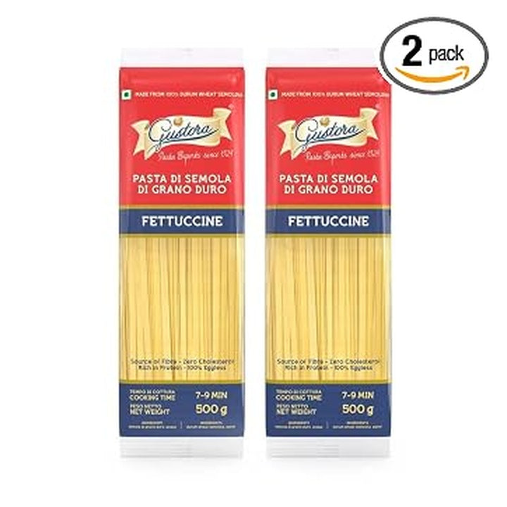 Gustora Fettucine Pasta Combo Pack Of 2 I Durum Wheat Semolina I Rich In Protein & Fibre I Zero Cholesterol I Cooking Time 10 Min I Vegetarian Pasta - (500 Gm X 2)