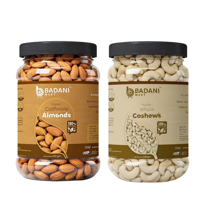 BADANI MART Premium Dry Fruits Combo Pack | California Almonds 500g & Whole Cashew 500g | Fresh Crunchy Kaju Badam | Healthy Snacks | Daily Nutrition Offer Pack | Total 1kg
