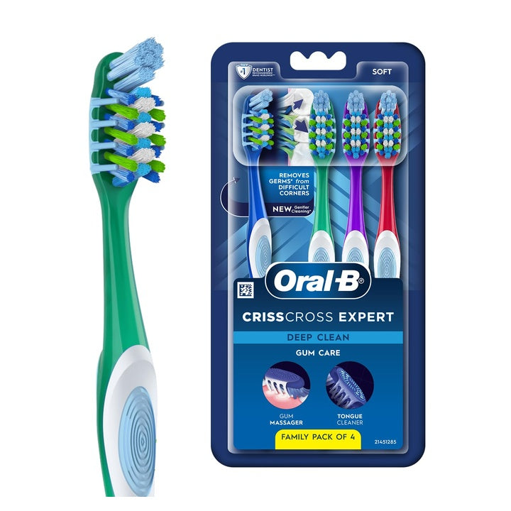 Oral-B Criss Cross Gum Care Soft Toothbrush For Adults, Soft Bristles, Healthier Gums, Multicolour Tooth Brush Set, Oral B Dentist Recommended Brand (Family Pack of 4)
