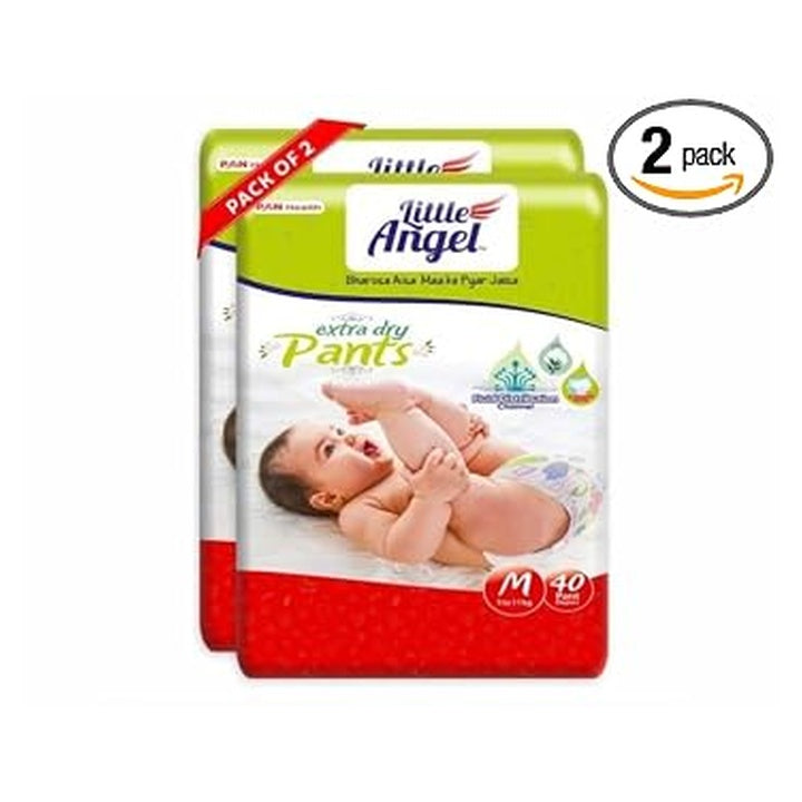 Little Angel Extra Dry Baby Pants Diaper, Medium (M) Size, 80 Count, Super Absorbent Core Up to 12 Hrs Protection & Wetness Indicator, Upto 5-11kg (40 count/pack, Pack of 2)