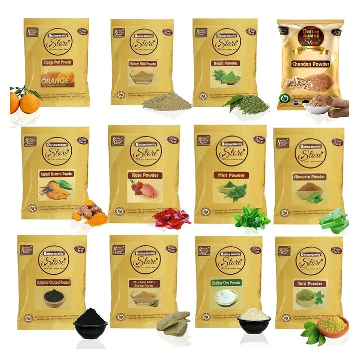 Online Quality Store Combo of 12 Skin Care Products ,(Multani Mitti, Neem, Orange Peel, Rose, Chandan, Charcoal, Mitti Stone, Kaolin Clay, Mint, Haldi,Alovera, Tulsi Powders) |skin care products combo,(Pack of 12 ,50g each ,Total 600 Pack)