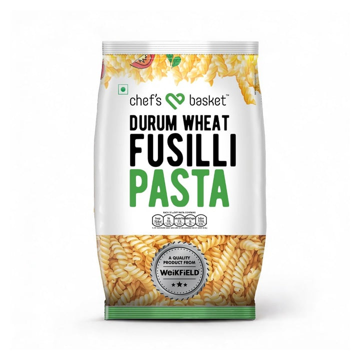 Chef's Basket Fusili Pasta 500 gm Pouch| Made With 100% Durum Wheat Semolina| 100% Suji| No Maida| Rich in Protein & Fibre| 100% Vegetarian| Non-Sticky Healthy Pasta