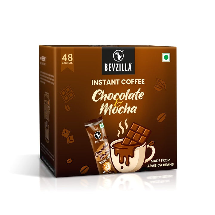 Bevzilla 48 Chocolate & Mocha Instant Coffee Powder Sachets | Arabica Beans with Chocolaty Twist | Perfect for Espresso, Latte & Cappuccino | Enjoy Hot & Cold Brews