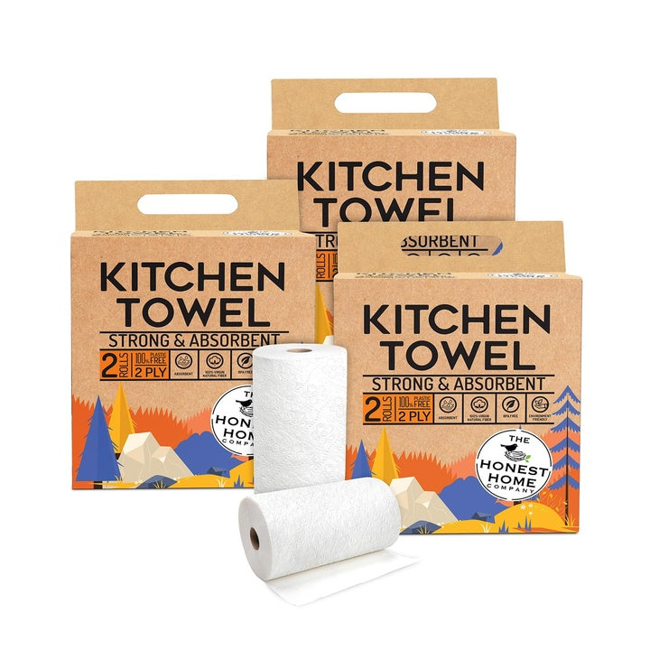 Honest Home 2 Ply Kitchen Towel Roll Combo | 360 Pulls Total | 3 Boxes x 2 Rolls | 60 Pulls/Roll | Strong, Absorbent & Food Safe | 100% Virgin Pulp