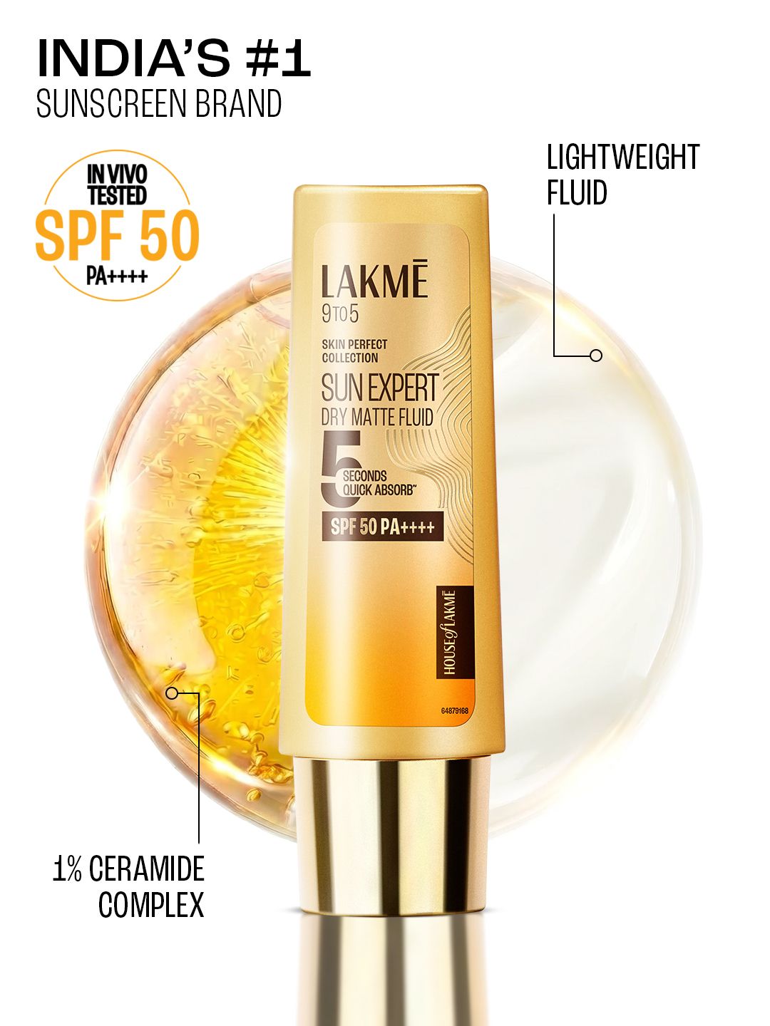 Lakme Fluid SPF 50 PA++++ In-Vivo Tested Sunscreen with 1% Niacinamide & Ceramide - 50ml