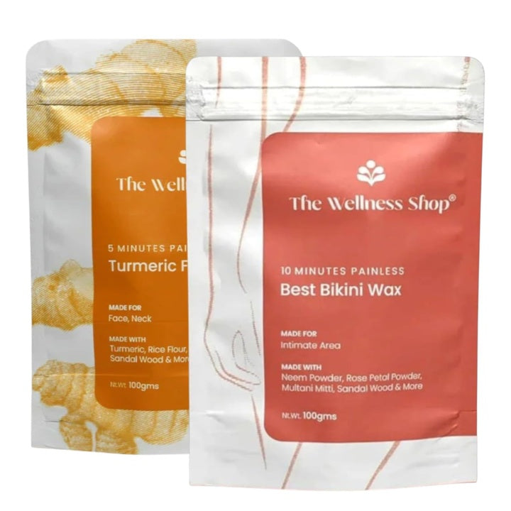 The Wellness Shop Instant Turmeric Facial Wax- 5 Minute (100g) | Best Bikini Wax- 10 Minute Herbal Waxing Painless Powders (100g) | Reduce Dark Skin Cells, No Irritation & Skin Rashes, Combo- 2 Pcs