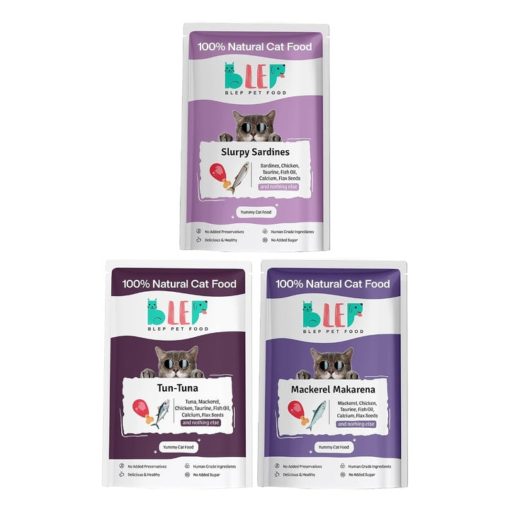 BLEP Mackerel Tun Tuna and Sardine Combo of Natural Cat Food 100g | 3 Packs|Zero Preservatives|Aids Joint Health & Digestion|Collagen Rich| Human Grade, Natural Wet Cat Food|Ideal for All Breeds