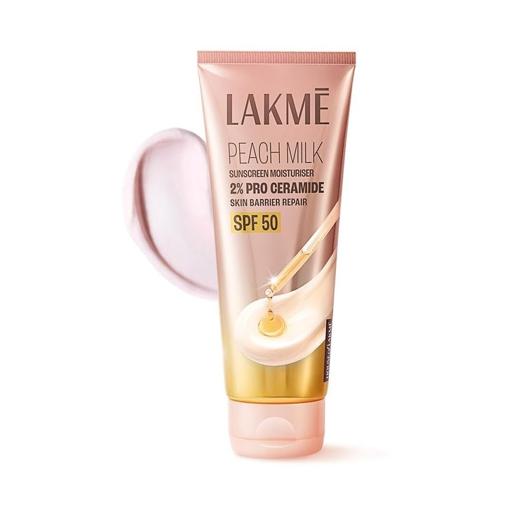 Lakme Peach Milk Sunscreen Moisturiser SPF 50 PA+++ with 2% Pro-Ceramides & Peptides | 2-in-1 Daily Face Cream | Lightweight, Non-Greasy & Sweat-Resistant for Hydrated Glowing Skin | 200g