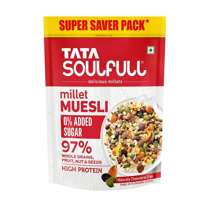 Tata Soulfull 0% Added Sugar Millet Muesli, 700 g, High Protein, Rich in Fibre, 97% Wholegrains, Fruit, Nut & Seeds, Contains Ragi Flakes, Contains Almonds, Flax Seeds, Chia Seeds, Pumpkin Seeds