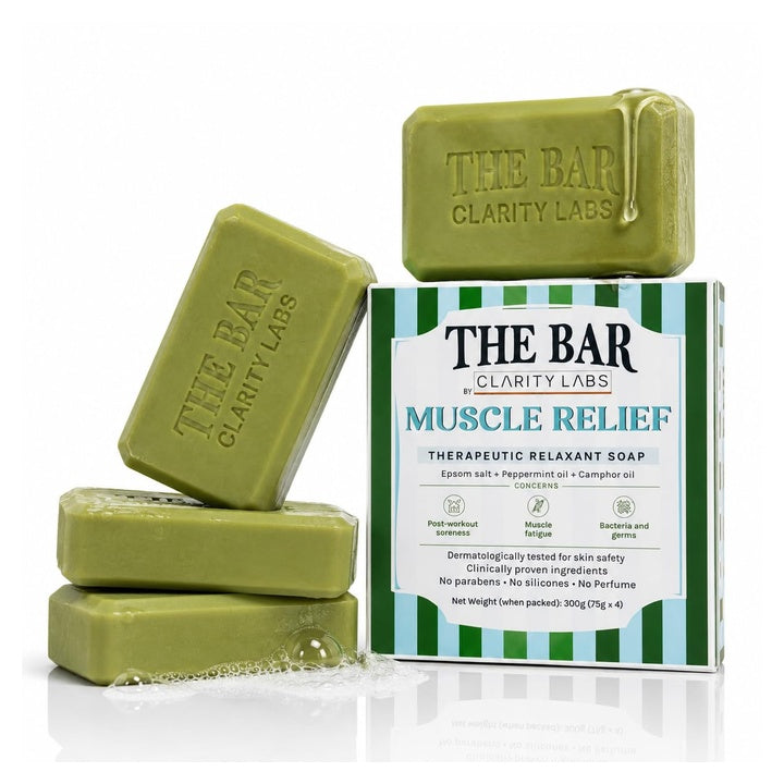 Clarity Labs Muscle Relief Epsom Salt Bathing Bar for Sore Muscles, Pack of 4 x 75g, Magnesium Chloride with Eucalyptus, Camphor, Peppermint, Post Workout Recovery Soap for Men and Women
